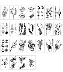 Detail view of 25 assorted waterproof black ink floral and geometric temporary tattoos