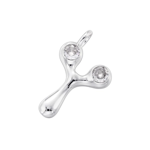 Close-up of silver-tone bamboo style letter Y pendant with two sparkling round zircons