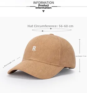 Detail view of corduroy baseball cap showing fabric texture and R letter embroidery