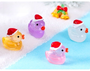 Micro landscape Christmas resin ducks with hats on faux snow with bells decoration