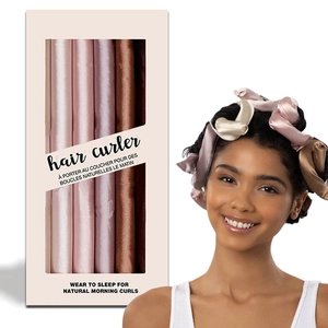 Heatless hair curler set with four satin rollers and minimalist pink gift box packaging