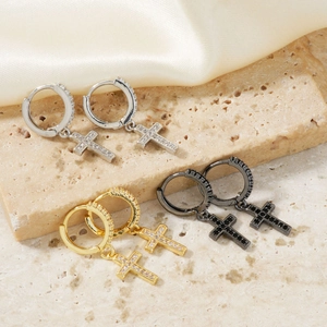 Cross hoop earrings with zircon stones in silver, gold, and black steel finishes