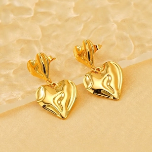 Elegant 18K gold-plated stainless steel double heart drop earrings with a fluid design
