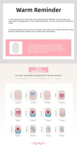 Size chart for 12 sizes of pink and blue press-on nails with bow and heart designs