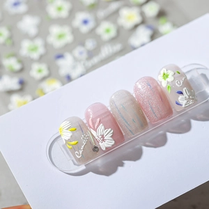 3D embossed white camellia nail art stickers with glitter and nude pink finish