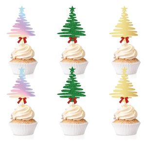 Christmas tree cupcake toppers in holographic, green and gold glitter with red bows
