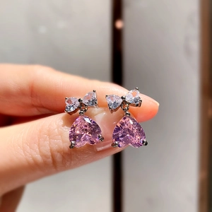 Elegant Heart Drop Earrings For Women Sweet Bow Pink Zircon Copper Japanese Style Jewelry Accessory Daily Wear Gift