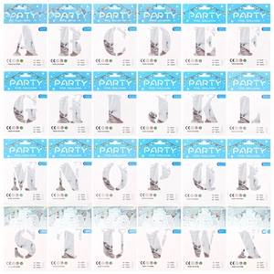 Packaged 16-inch silver foil alphabet balloons for birthday and anniversary party decorations