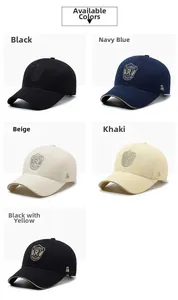 Close-up of baseball cap embroidery details with shield logo in five different colors