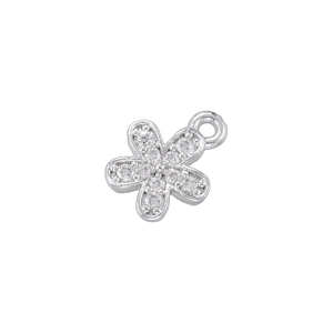 Close-up of silver flower pendant with six petals inlaid with sparkling cubic zirconia