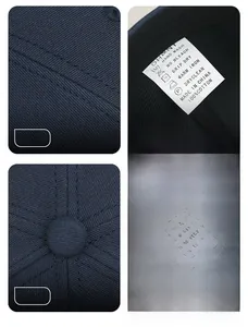Detail shots of blue cotton baseball cap showing 100% cotton fabric and stitching details