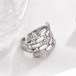 Close-up of geometric 18K silver-plated open ring with micro-pave zirconia details