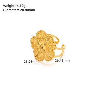 Detailed view of adjustable gold flower ring with 26mm diameter and 6.19g weight specs