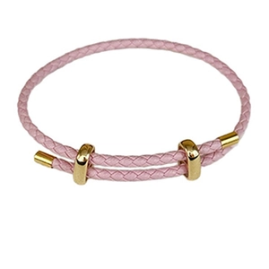 Adjustable pink braided leather cord bracelet with golden sliders and infinity metal clasp