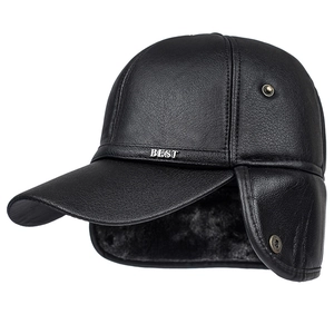 Winter men's black faux leather baseball cap with warm earflaps and soft faux fur lining