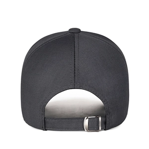 Rear view of a classic black business casual baseball cap with adjustable metal buckle