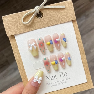 Press On Nails Sucré Fait à la Main Design Cœur Crème Nœud Couleurs Bonbon Faux Ongles Femme