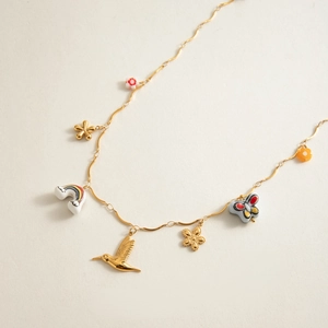 Collier en acier inoxydable plaqué or 18 carats avec pendentifs colibri et fleurs