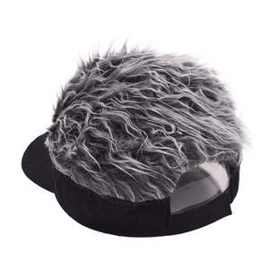 Creative black baseball cap with attached silver synthetic hair wig for men and women