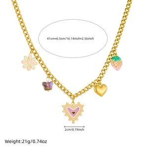 Golden stainless steel necklace with colorful heart and flower pendants on white background