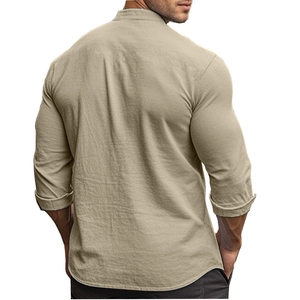 Back view of men's linen casual shirt in khaki color showing the breathable fabric texture