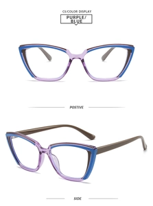 Detail view of purple and blue cat-eye TR glasses frames with positive and side angles