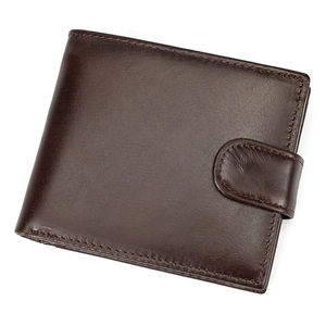 Detail of dark brown leather wallet with vintage texture, wide buckle, and neat stitching
