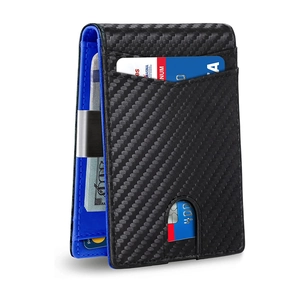 Detail of bifold wallet with carbon fiber texture, blue interior, and metal money clip