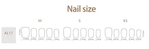 Size guide for French style square press-on nails showing M, S and XS measurements