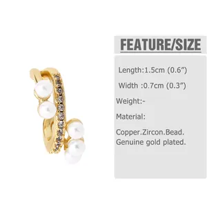 Size chart showing 1.5cm gold-plated ear cuff with pearls and cubic zirconia stones