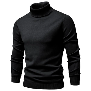 Detail of black turtleneck sweater showing fine knit texture and slim fit sleeves