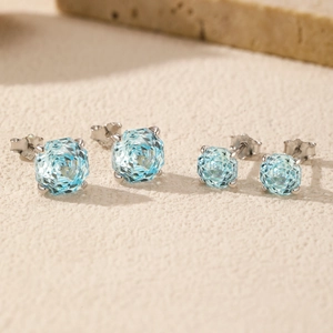 S925 sterling silver aquamarine stud earrings in two sizes with rose-cut crystals