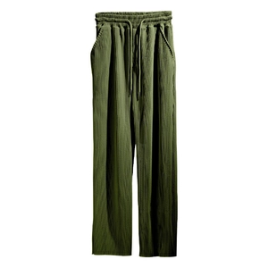 Army green wide-leg trousers for men with textured vertical stripes and drawstring waist