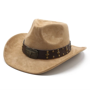 Camel faux suede western cowboy hat with studded leather band and bull head metal buckle