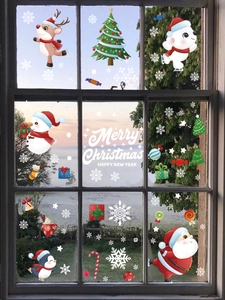 Detailansicht festlicher Weihnachtsfensteraufkleber mit Weihnachtsmann, Rentier und Flocken