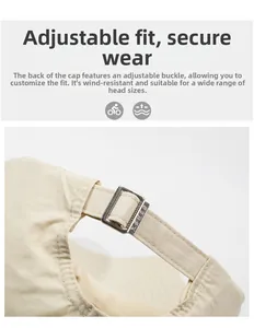 Detail of light beige baseball cap with adjustable metal buckle and textured fabric