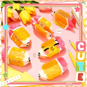 Cute candy-colored pencil-shaped hair claws for students on a soft pink background