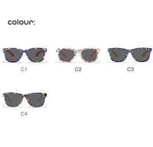 Detailed grid showing four color variants of cartoon dinosaur print children sunglasses