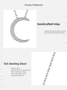 Detail of S925 sterling silver crescent moon pendant with pave-set zircon stones