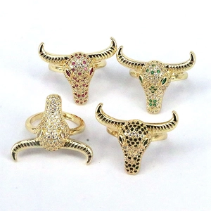 Bague Ouverte Tête de Taureau en Cuivre Incrusté de Zirconia Hip Hop Mode Bohême Réglable Or Bague Animal Femme