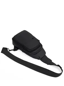 Minimalist black waterproof nylon crossbody chest bag with double zipper and adjustable strap