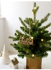 Mini sapin de Noël de table avec guirlande LED, plaque en bois et petite décoration de maison