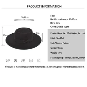 Unisex black wool felt jazz fedora hat with wide brim and detailed size measurement guide