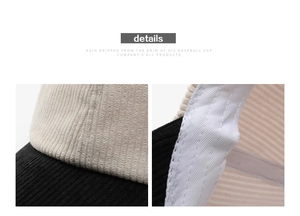 Detail view of corduroy baseball cap with contrast stitching and fine interior lining