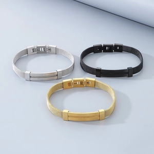 Detailed view of mesh strap bracelets in silver, black and gold finishes in triangle layout
