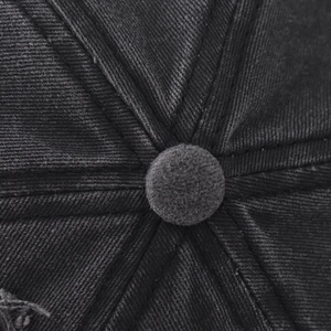 Close-up of washed cotton baseball cap top button and six-panel stitch detail