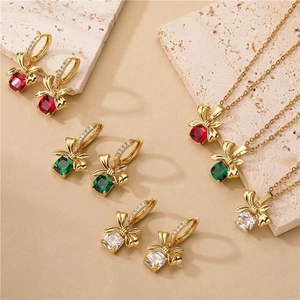 Bowknot Jewelry Necklace And Hook Earrings Copper Micro Inlaid Square Cubic Zirconia Elegant Fashion For Women