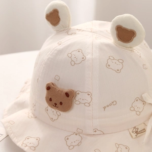Cute cream baby sun hat with 3D bear ears and printed bear patterns for 5-18 months