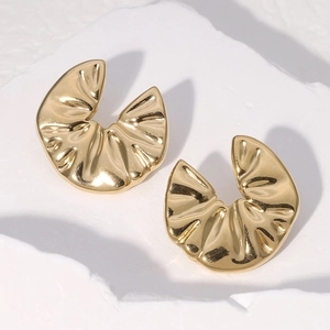 Chic 18k gold plated stainless steel stud earrings featuring a unique pleated fan design