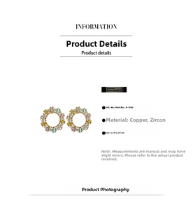 Macro detail of round wreath earrings with colorful zircon and size 2.39cm measurements